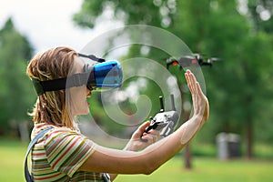 Control using VR points in a quadrocopter in the park. concept of new technologies. flights