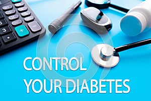Control your Diabetes concept. Insulin pen syringe and insulin vial. flat style icon. concept of vaccination, injection. blue