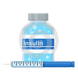 Control your Diabetes concept. Insulin pen syringe and insulin vial. flat style icon. concept of vaccination, injection. isolated