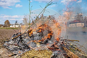 A controlled burn of debris on a clear day. Illegal burning of leaves and dry grass