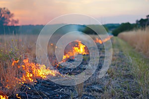 Controlled burn of grassland at dusk to prevent wildfires