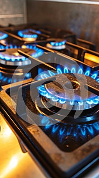 Controlled intensity Gas stove burner displaying a striking, blue flame