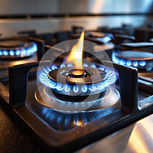 Controlled intensity Gas stove burner displaying a striking, blue flame