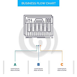 Controller, keyboard, keys, midi, sound Business Flow Chart Design with 3 Steps. Line Icon For Presentation Background Template