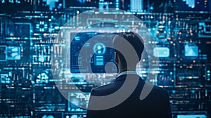 Controlling everything. Calm clever attentive programmer pointing to the transparent screen while holding a convenient tablet and