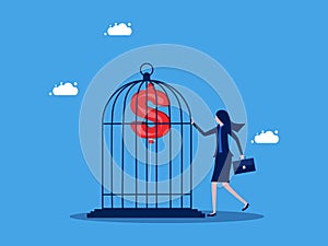 Controlling inflation and imprisonment of freedom. Businesswoman locks money balloons in a cage