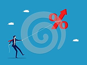 Controlling inflation or rising interest rates. Businessman pulling Persen