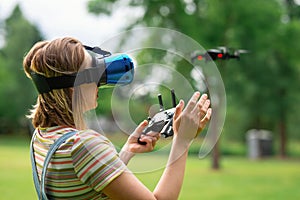 Controlling a quadrocopter with the help of a sr helmet. Concept of virtual reality. extra reality