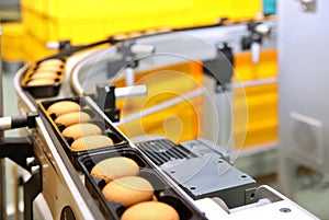 Controlling the work of huge conveyor machine producing spice cakes at the confectionary plant. Cookie production line