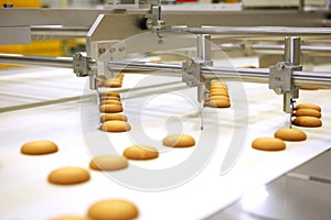 Controlling the work of huge conveyor machine producing spice cakes at the confectionary plant. Cookie production line