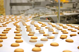 Controlling the work of huge conveyor machine producing spice cakes at the confectionary plant. Cookie production line