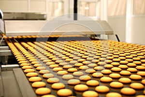 Controlling the work of huge conveyor machine producing spice cakes at the confectionary plant. Cookie production line. Innovative