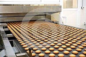 Controlling the work of huge conveyor machine producing spice cakes at the confectionary plant. Cookie production line. Innovative