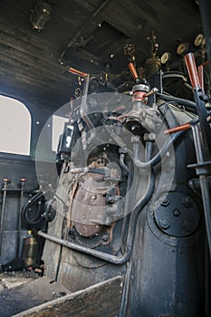 Controls of a vintage steam locomotive