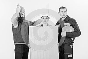 Controversy concept. Builder, engineer, architect argue at work.