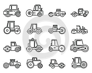 Contruction road roller icons set, outline style