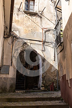 Contursi Terme, views of the alleys, old buildings, squares and doors. Stairs and walls of the ancient fortress