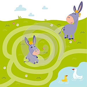 Conundrum. Farm animal educational maze game. Labyrinth page for children`s magazine, leisure activity task.