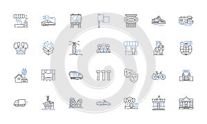 Conurbation line icons collection. Urbanization, Metropolis, Megacity, Cosmopolitanism, Suburbanization, Population