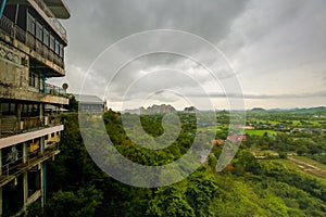 Conutryside with hill, house, land, river and cloud