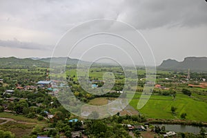 Conutryside with hill, house, land, river and cloud