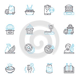 Convenience food linear icons set. Fast, Easy, Pre-made, Microwaveable, Frozen, Snackable, Ready-to-eat line vector and