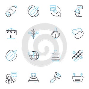 Convenience foods linear icons set. microwaveable, fast, easy, pre-packaged, canned, frozen, ready-to-eat line vector