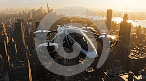 Convenience of modern urban living with futuristic flying taxi effortlessly soaring above cityscape