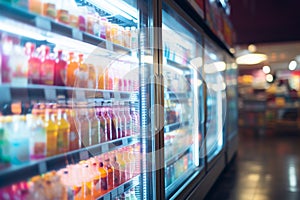 Convenience store fridges with soft drinks on shelves, creating an abstract blurred scene