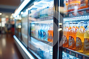 Convenience store fridges with soft drinks on shelves, creating an abstract blurred scene