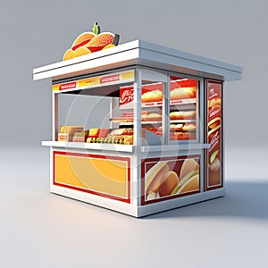 Convenient Corner: 3D Rendering of a Grocery and Fast Food Booth, Isolated on a White Background