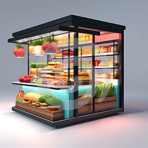 Convenient Corner: 3D Rendering of a Grocery and Fast Food Booth, Isolated on a White Background