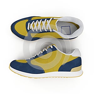 Convenient for sports mens sneakers in dark blue thick fabric. Presented on a white. Top view. 3D illustration