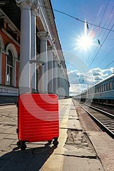 Conveniently positioned travel suitcase by train entrance facilitating easy boarding photo