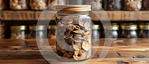 Concept To Conveniently store dried porcini mushrooms in a resealable jar for longterm freshness photo