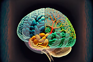 conventional image of human brain with multi-colored convolons and vessels