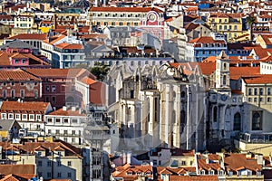 Convento do Carmo, Elevador Santa Justa aerial view. Lisbon, Portugal