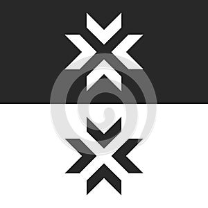 Converge arrows logo mockup, letter X shape black and white graphic concept, intersection 4 directions in center crossroad