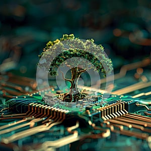 Convergence of nature and technology tree sprouts from circuit board