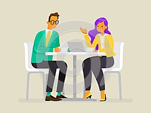 Conversation of business people. A man and a woman are discussing the project. Vector illustration