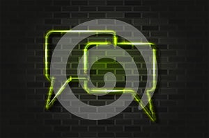 Conversation, chat rectangle bubbles glowing neon sign or glass tube on a black brick wall. Realistic vector art