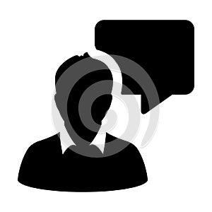 Conversation icon vector male person profile avatar with speech bubble symbol for discussion and information in flat color glyph