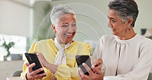 Conversation, senior women and laughing with smartphone for funny post, notification and connection. Smile, happy and