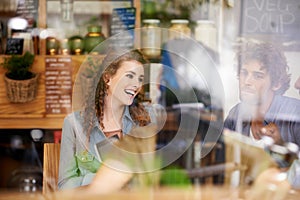 Conversation, window and friends in cafe together for bonding, social gathering and lunch. Coffee shop, brunch and group