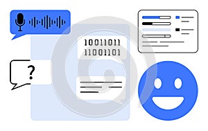 Conversational AI Elements with Chat Bubbles, Binary Code, and Microphone Icon
