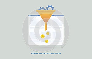 Conversion Optimization flat vector illustration. Business revenue growth and Internet marketing concept with sales funnel, coins