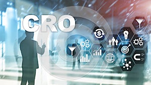 Conversion Rate Optimization. CRO Business Technology Finance concept on a virtual screen.