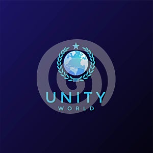 World Earth Globe with Laurel Leaf Unity United Logo Design Vector