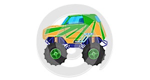 Converted cars, truck on big wheels, heavy vehicle, powerful engine, design cartoon style vector illustration, isolated