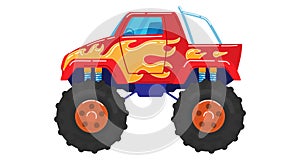 Converted cars, truck on big wheels, heavy vehicle, powerful engine, design cartoon style vector illustration, isolated